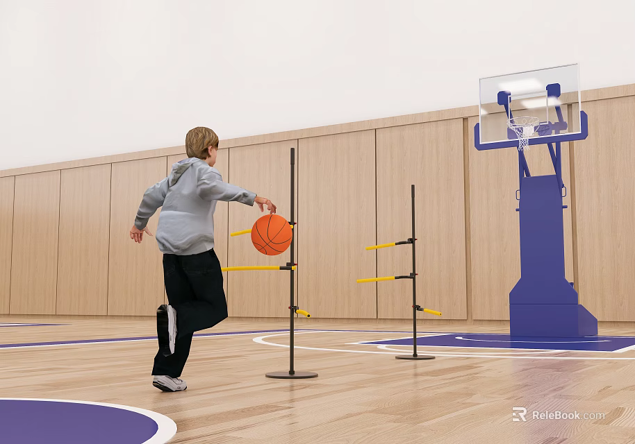 Basketball Court With Young Boy Dribbling Orange Basketball Around Yellow Training Poles And Blue Hoop 3d model 