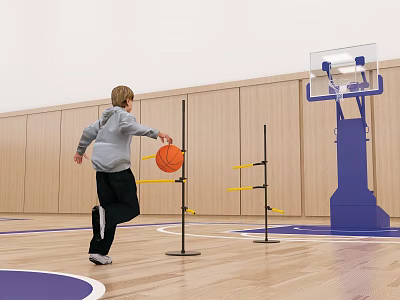 Basketball Court With Young Boy Dribbling Orange Basketball Around Yellow Training Poles And Blue Hoop 3d model