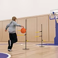 Basketball Court With Young Boy Dribbling Orange Basketball Around Yellow Training Poles And Blue Hoop