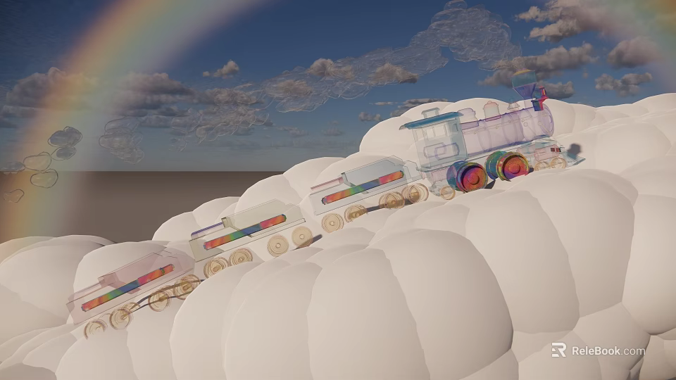 Transparent Train with Colorful Wheels Riding on White Clouds Under Blue Sky and Rainbow 3d model 