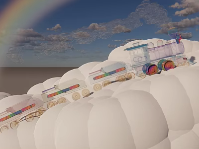 Transparent Train with Colorful Wheels Riding on White Clouds Under Blue Sky and Rainbow 3d model