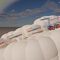 Transparent Train with Colorful Wheels Riding on White Clouds Under Blue Sky and Rainbow