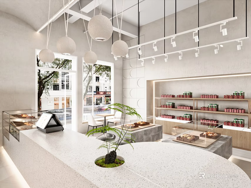Modern Dessert Shop Interior With Display Cases Pastries And Greenery 3d model 