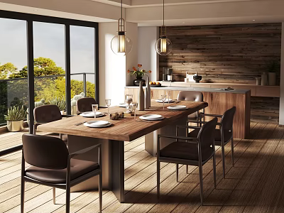 Cozy Modern Dining Room With Long Table Chairs Large Windows Wooden Wall And Pendant Lights 3d model