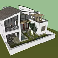 Modern Detached Villa With White Exterior Large Windows Wooden Balcony And Green Plants