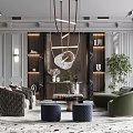 Modern Luxury Living Room Interior With Green Sofa Brown Armchair Marble Wall And Chandelier