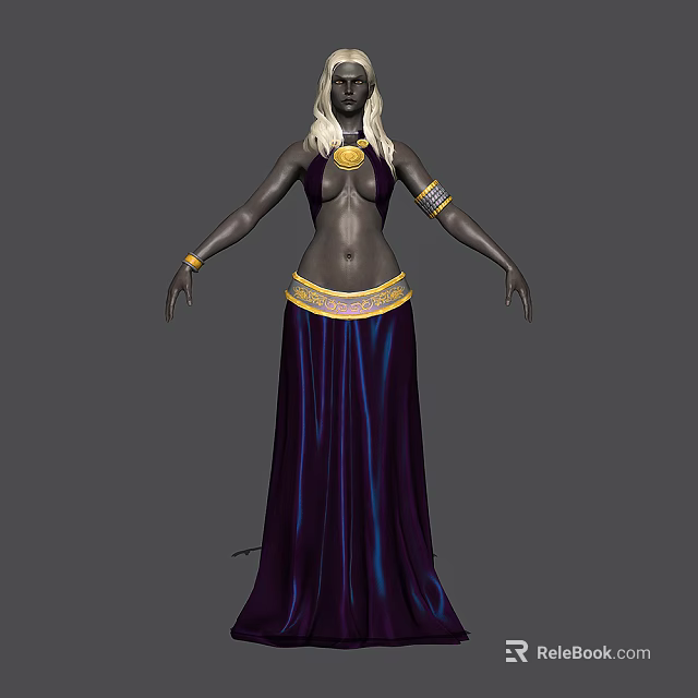 Game And Movie Character With Blonde Hair Dark Skin Purple Long Dress Golden Decorations 3d model 