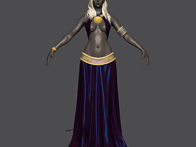 Game And Movie Character With Blonde Hair Dark Skin Purple Long Dress Golden Decorations 3d model