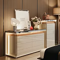 Elegant Modern Decorative Cabinet With Glass Top White Drawers And Fresh Flowers Photo Frame Lamp