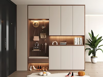 Modern Shoe Cabinet Design With Upper Storage Cabinets Hanging Hooks Decorative Books Lower Shelf And Bench 3d model