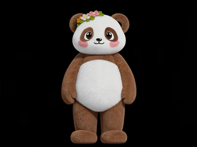 Cute Inflatable Panda with Brown Body White Belly and Flower Crown Decoration 3d model