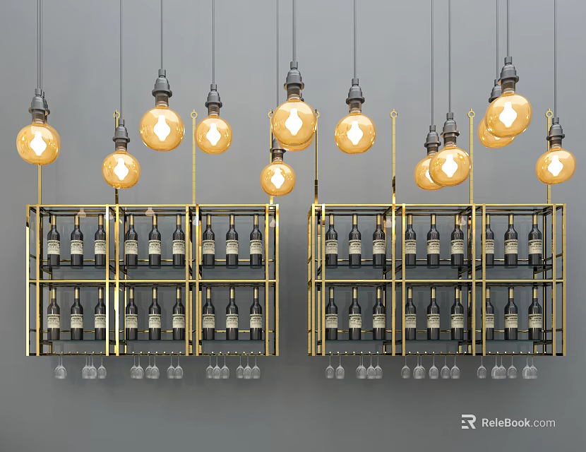 Elegant Modern Wine Cabinet With Golden Frame Wine Bottles Glasses And Pendant Lights 3d model 
