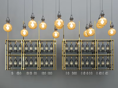 Elegant Modern Wine Cabinet With Golden Frame Wine Bottles Glasses And Pendant Lights 3d model