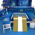 Blue Exhibition Booth Design With Multiple Display Screens And Seating Areas 3d model