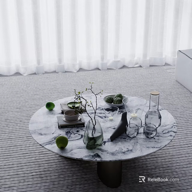 Circular Marble Table With Green Limes Vase Branches And White Curtain Background 3d model 