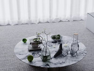 Circular Marble Table With Green Limes Vase Branches And White Curtain Background 3d model