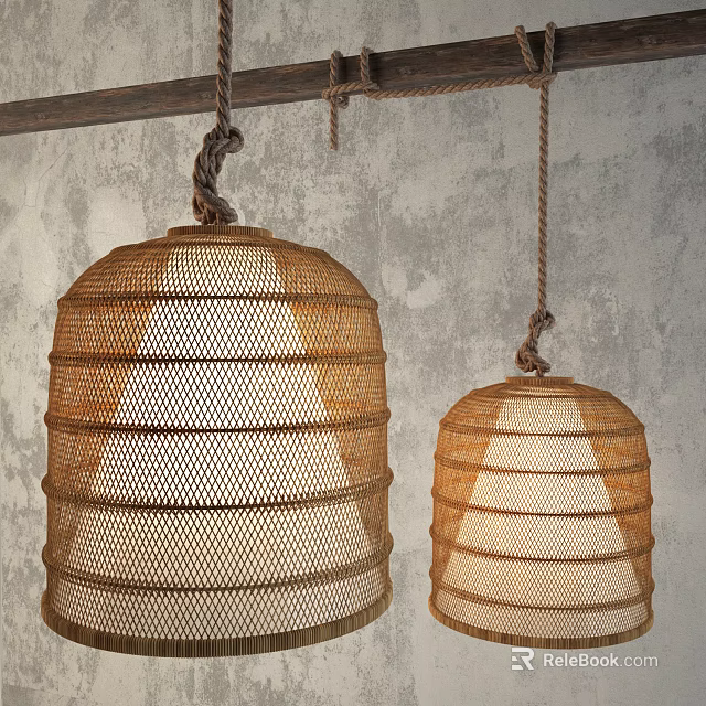 Handwoven Rattan Pendant Lights Hung With Jute Ropes Against Gray Textured Wall 3d model 
