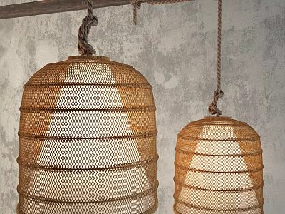 Handwoven Rattan Pendant Lights Hung With Jute Ropes Against Gray Textured Wall 3d model