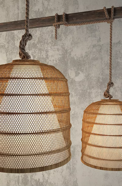 Handwoven Rattan Pendant Lights Hung With Jute Ropes Against Gray Textured Wall 3d model