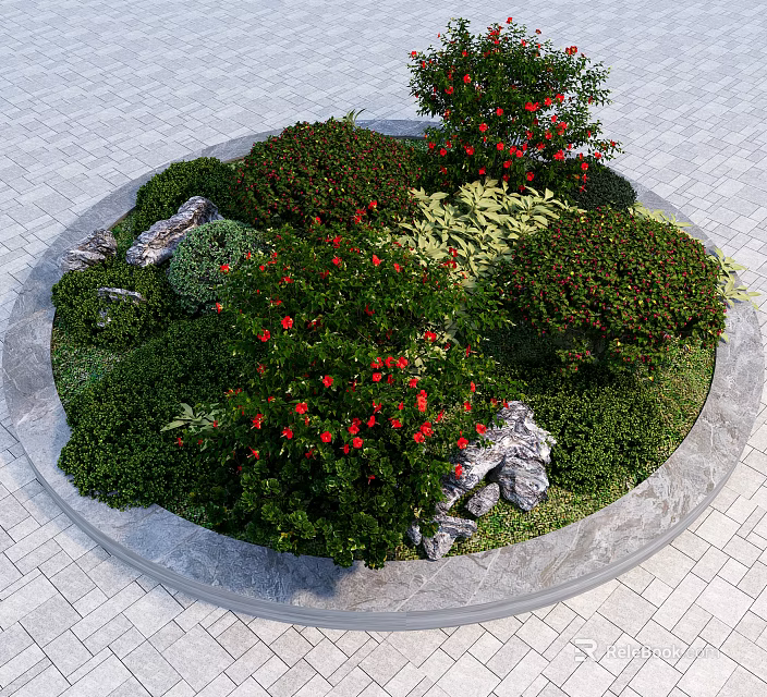 Circular Garden Landscape Design With Green Shrubs Red Flowers Stones And Paved Surroundings 3d model 