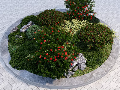 Circular Garden Landscape Design With Green Shrubs Red Flowers Stones And Paved Surroundings 3d model