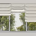 Beige Linen Window Curtains With White Frame And Green Trees Outside View