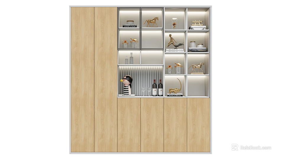 Modern Wooden Shoe Cabinet With Illuminated Display Shelves And Decorative Items 3d model 