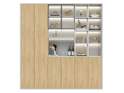 Modern Wooden Shoe Cabinet With Illuminated Display Shelves And Decorative Items 3d model