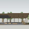 Wooden Rest Pavilion With Open Roof Structure Green Trees And Seating Area