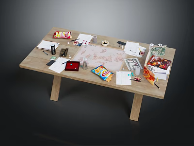 Cluttered Wooden Office Desk With Papers Pens Map Snack Bags And Documents 3d model