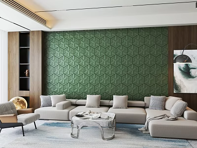 Elegant Modern Sofa Background Wall With Green Geometric Pattern Wooden Decor And Beige Sofa 3d model