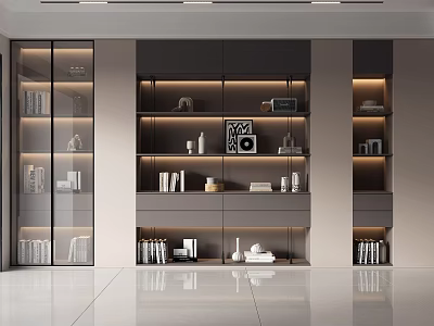 Modern Luxury Bookcase With Glass Doors Layered Shelves Built-in Lighting And Decorative Items 3d model