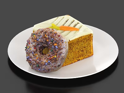 Carrot Cake With Cream Frosting And Colorful Sprinkled Donut On White Plate 3d model