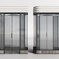 Modern Elevator with Transparent Glass Square and Curved Designs White Top Strips Dark Base