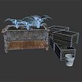 Purple Flowering Plants In Metal Planter On Wooden Stand With Wooden Crates And Metal Bucket
