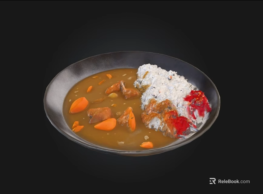 Delicious Curry Rice Bowl With Tender Meat Carrots And Spicy Red Sauce 3d model 