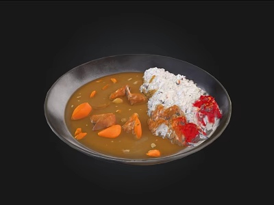 Delicious Curry Rice Bowl With Tender Meat Carrots And Spicy Red Sauce 3d model