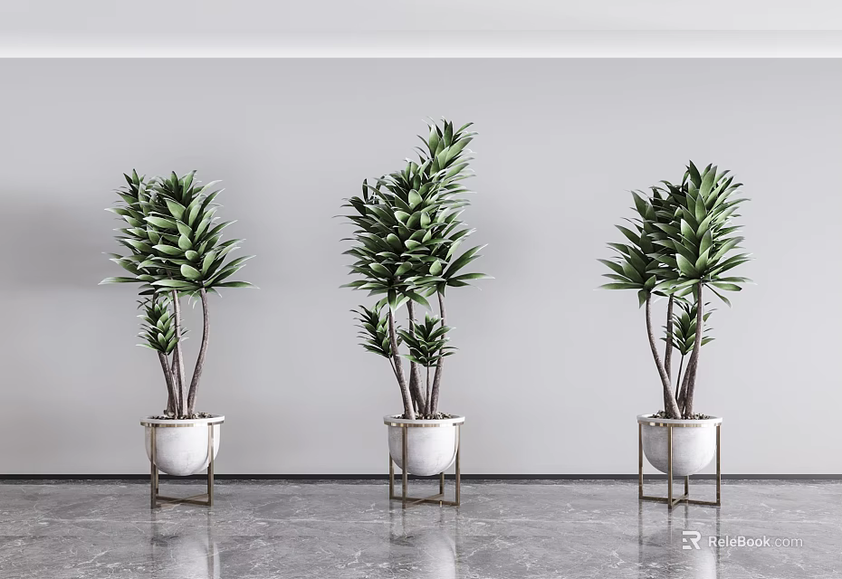 Elegant Bonsai Potted Green Plants with White Pots and Metal Stands in Minimalist Interior 3d model 