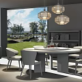 Modern Round Dining Table Set With Chairs Pendant Lights And Scenic View 3d model