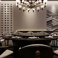 Elegant Private Dining Room Interior With Round Table Chandelier And Decorative Painting