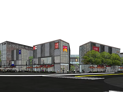 Modern Commercial Street With Contemporary Buildings Tree Lined Storefronts And Pedestrian Areas 3d model