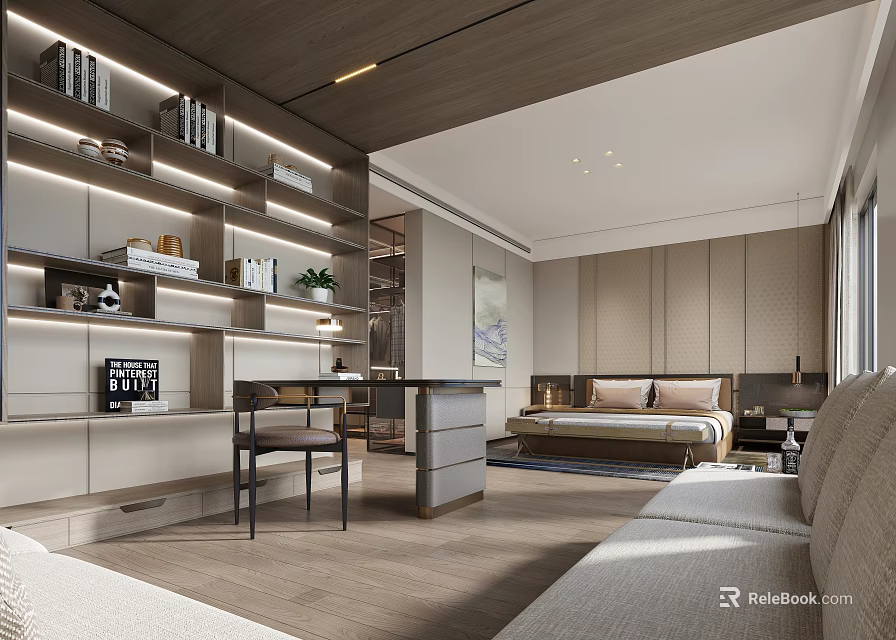 Modern Hotel Guest Room Interior With Wooden Ceiling Bookshelves Desk Sofa And Bed 3d model 