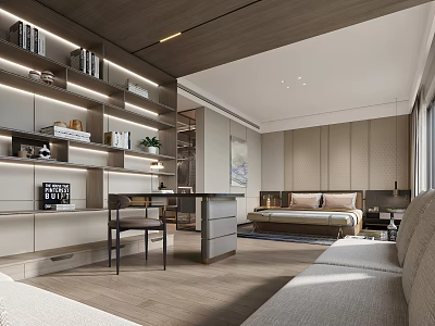 Modern Hotel Guest Room Interior With Wooden Ceiling Bookshelves Desk Sofa And Bed 3d model