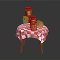 Small Wooden Table With Red And White Checkered Cloth And Stacked Honey Jars