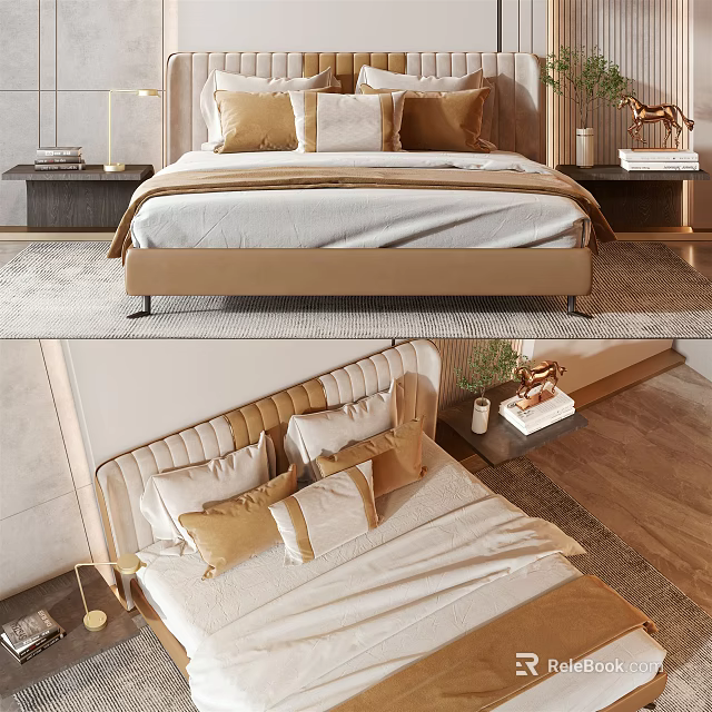 Elegant Modern Double Bed With Upholstered Headboard Decorative Pillows And Nightstands 3d model 