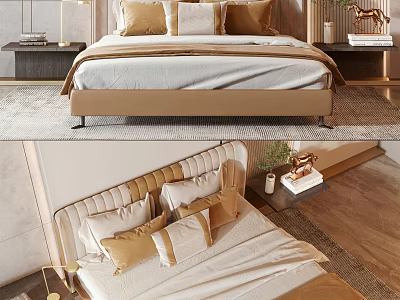 Elegant Modern Double Bed With Upholstered Headboard Decorative Pillows And Nightstands 3d model
