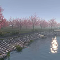 Scenic Lake View With Pink Blossom Trees Stone Embankment Path And Sunlight Reflection