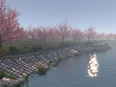Scenic Lake View With Pink Blossom Trees Stone Embankment Path And Sunlight Reflection 3d model