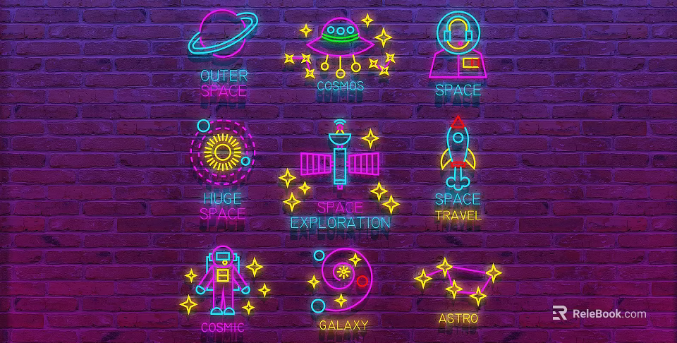 Neon Decorative Lights With Space Theme Featuring Planets Rocket Astronaut On Brick Wall 3d model 
