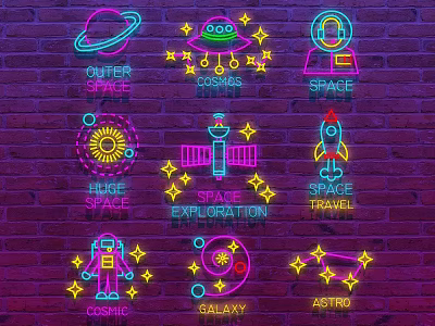 Neon Decorative Lights With Space Theme Featuring Planets Rocket Astronaut On Brick Wall 3d model